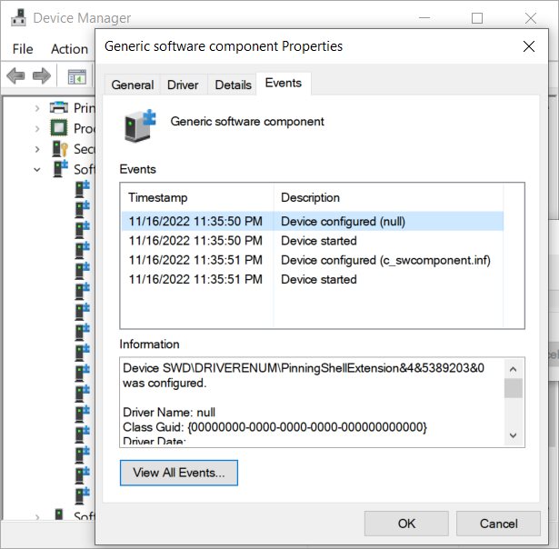 The Events section of a device in Device Manager in Windows 10