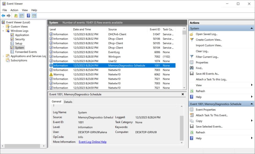 The Windows 10 Event Viewer shows a Memory Diagnostics entry