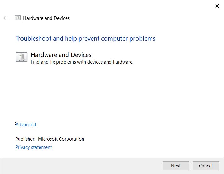 The Hardware and Devices Troubleshooter in Windows 10