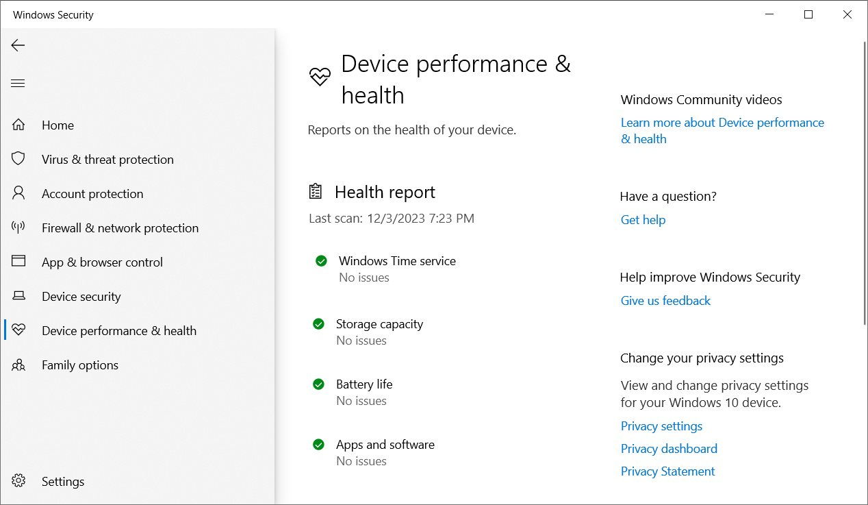 The Device performance and health section of Windows Security in Windows 10