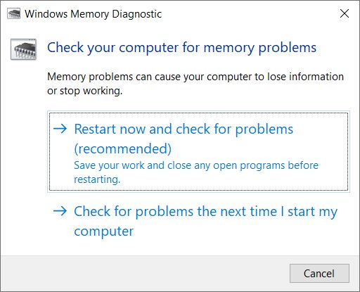 The Windows Memory Diagnostic tool in Windows 10