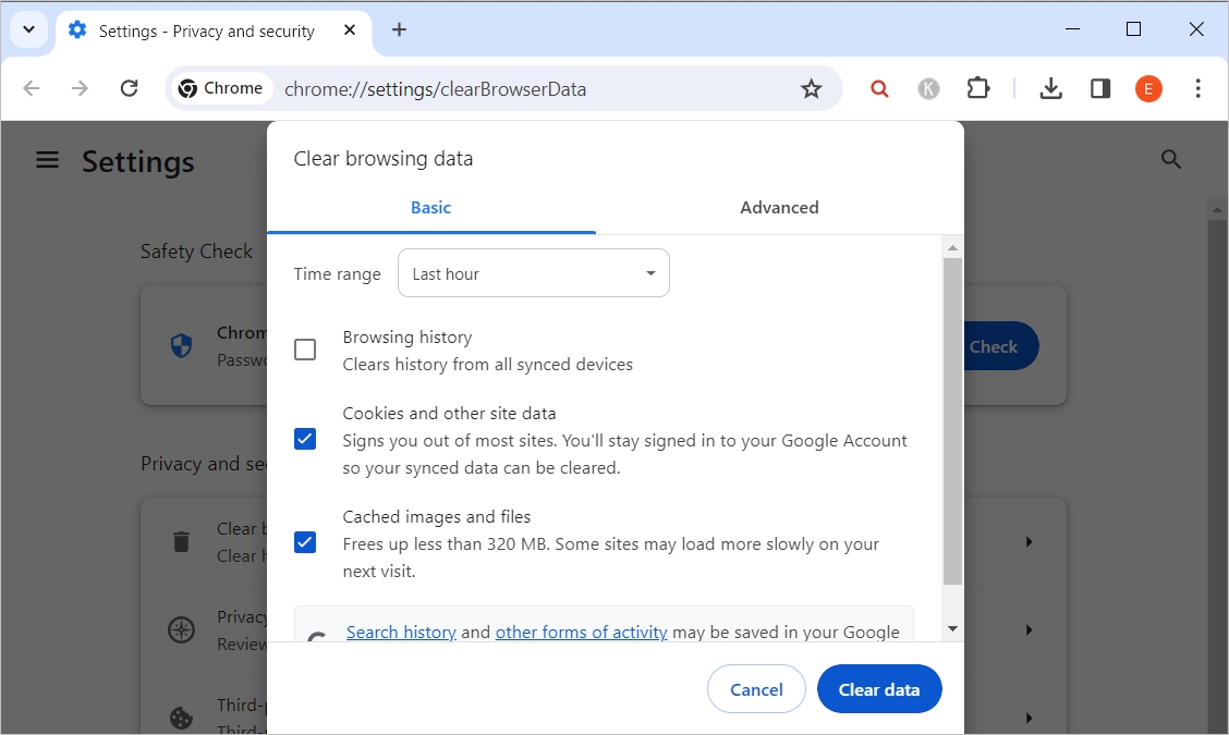 The browsing data settings in Google Chrome
