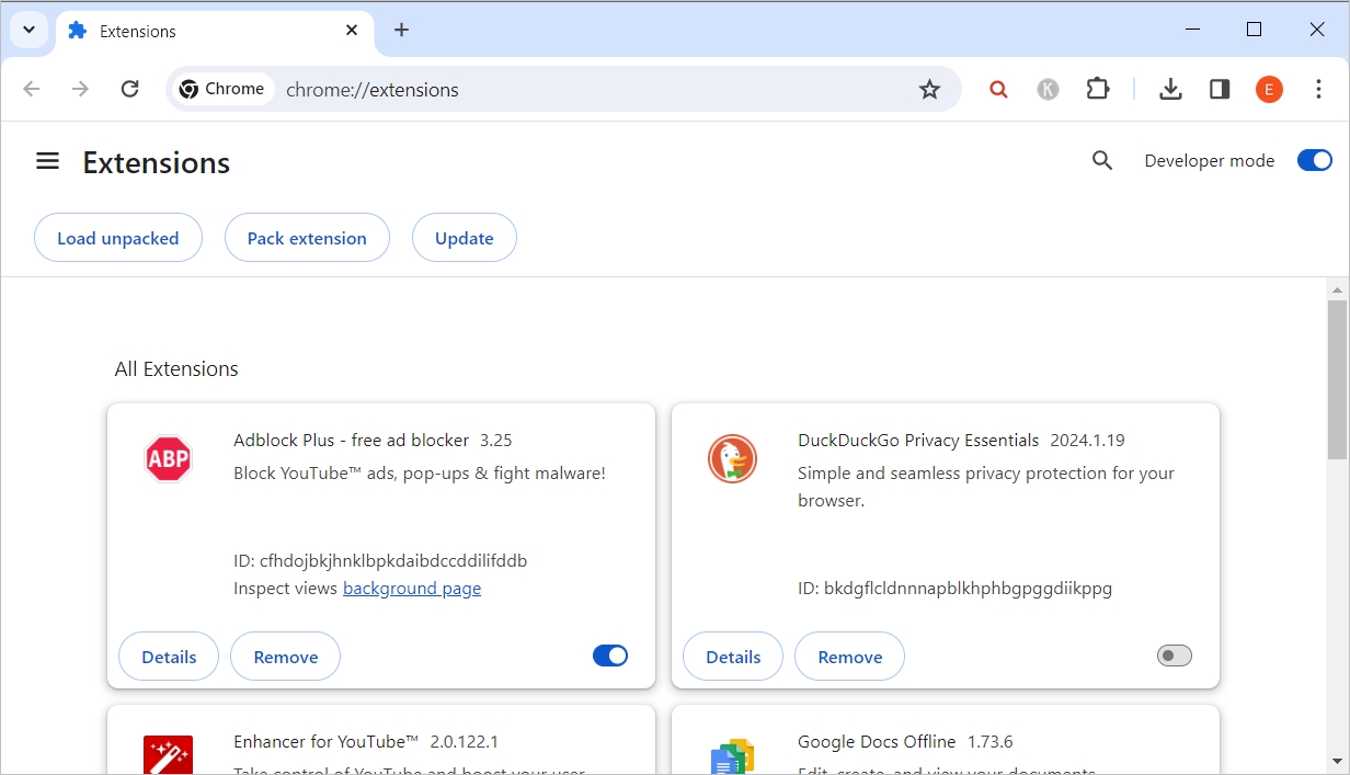 The Extensions section of Google Chrome
