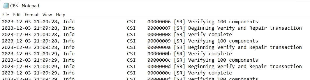 The Windows 10 Notepad shows SR entries in the CBS log file