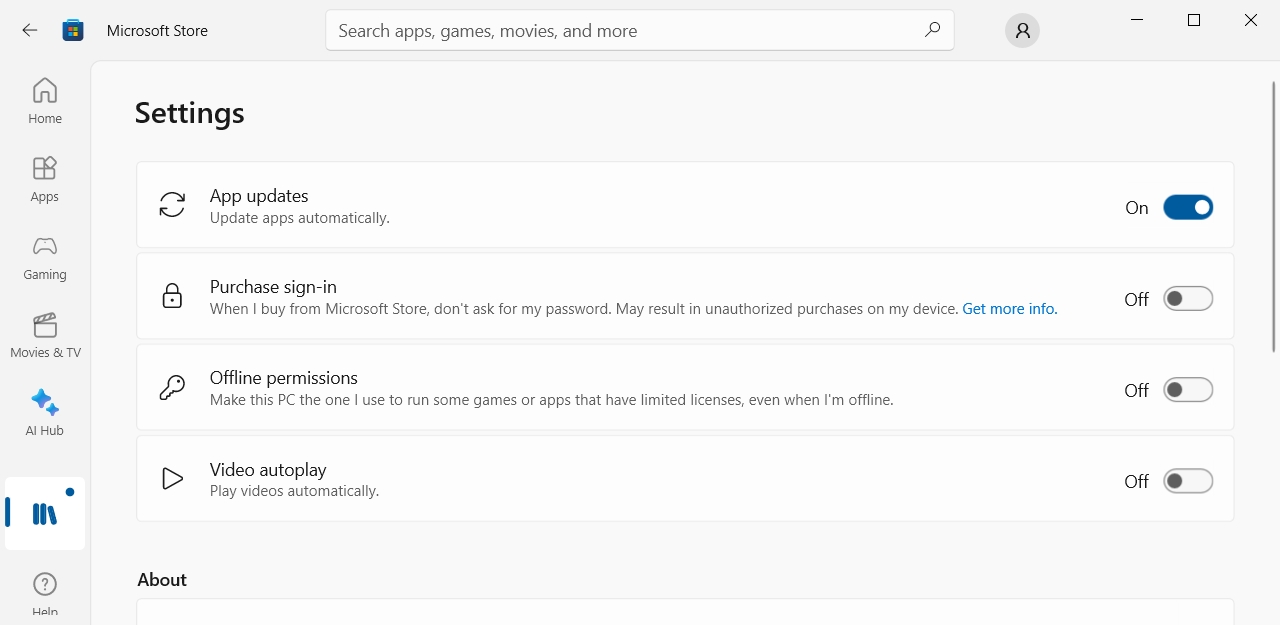 The automatic app updates setting in Microsoft Store