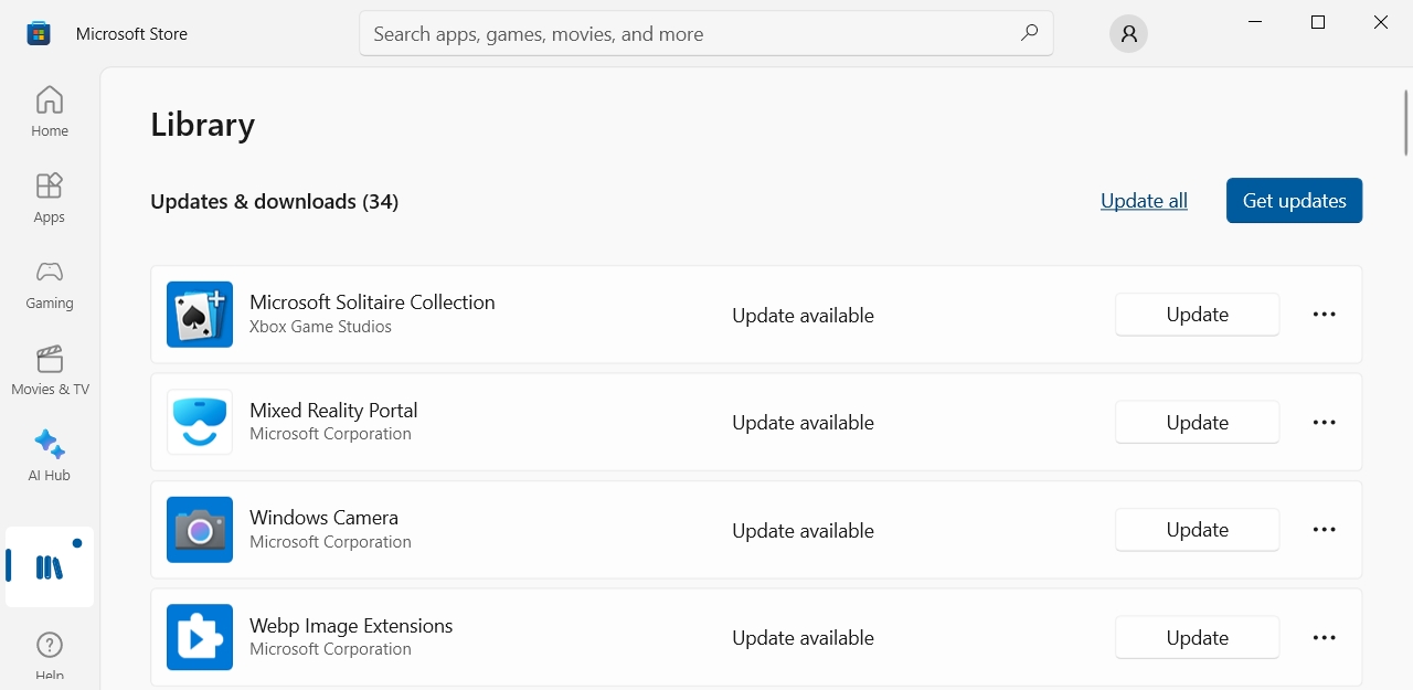 A list of installed Microsoft Store apps and update options
