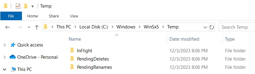 File Explorer shows the PendingDeletes PendingRenames folders on Windows 10
