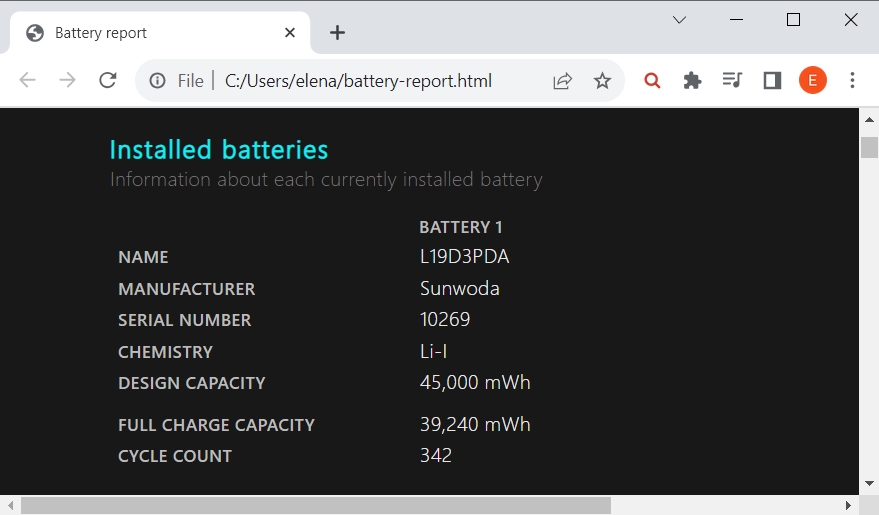 A battery report is shown in a web browser