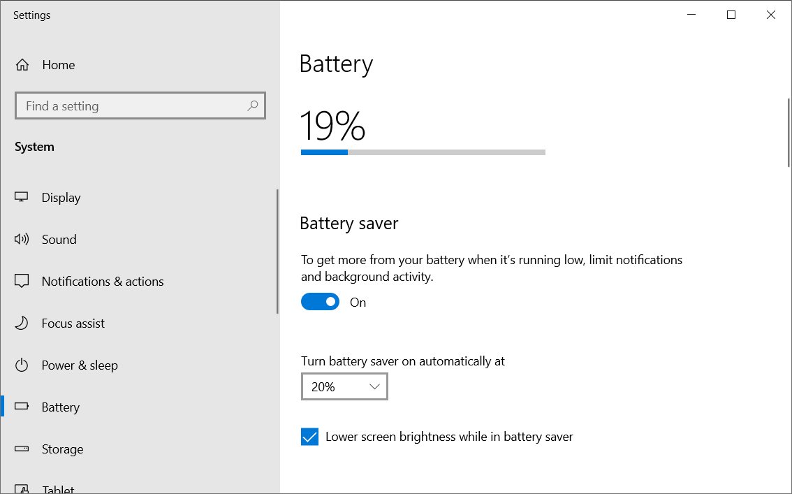 The battery settings in Windows 10
