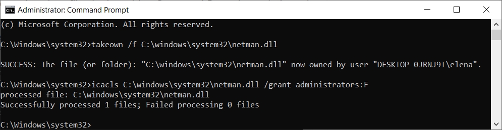 The Windows 10 Command Prompt shows how to grant administrator full access to system files