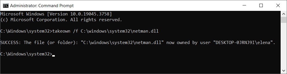 The Windows 10 Command Prompt shows how to take ownership of system files
