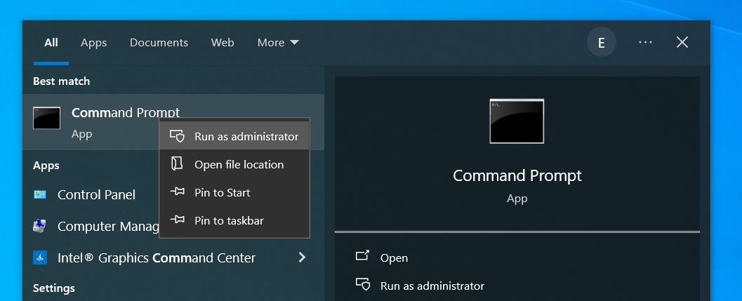 The Windows Start menu shows how to run Command Prompt as administrator