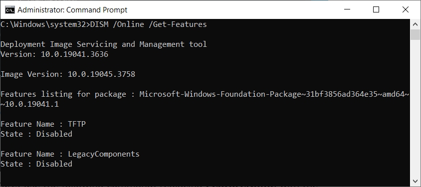 The DISM get features command