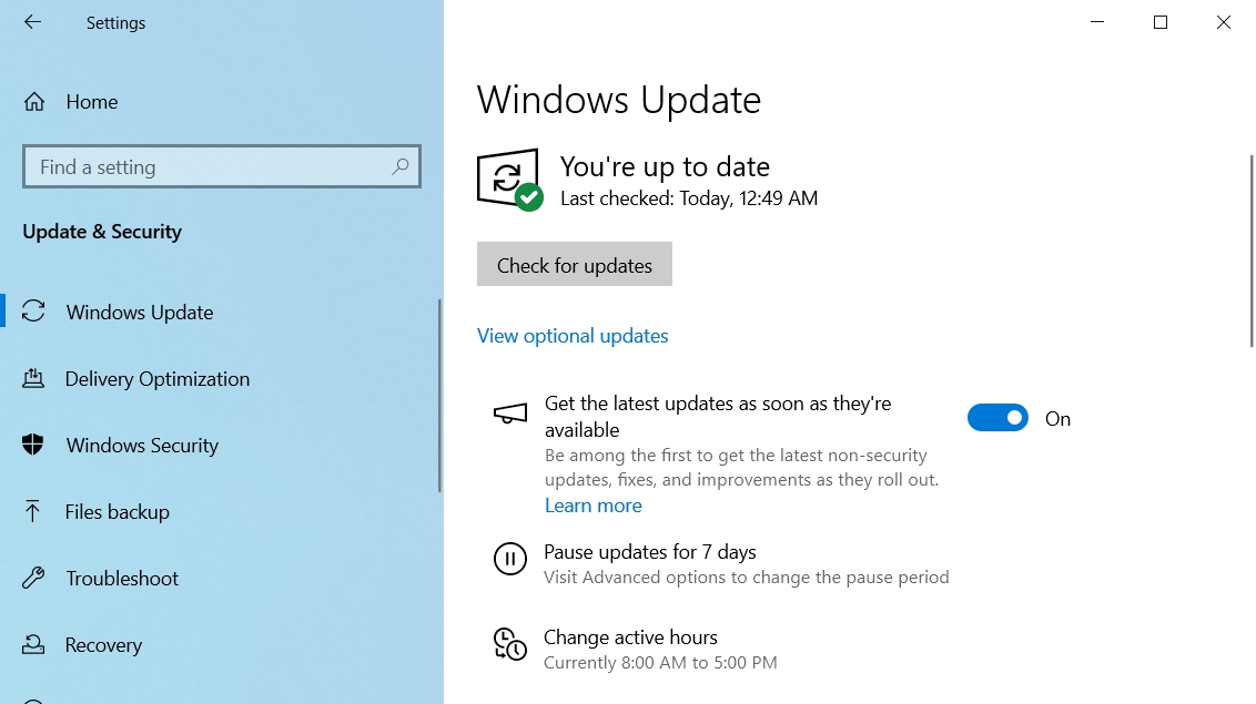 The Get the latest updates as soon as they're available setting in Windows 10