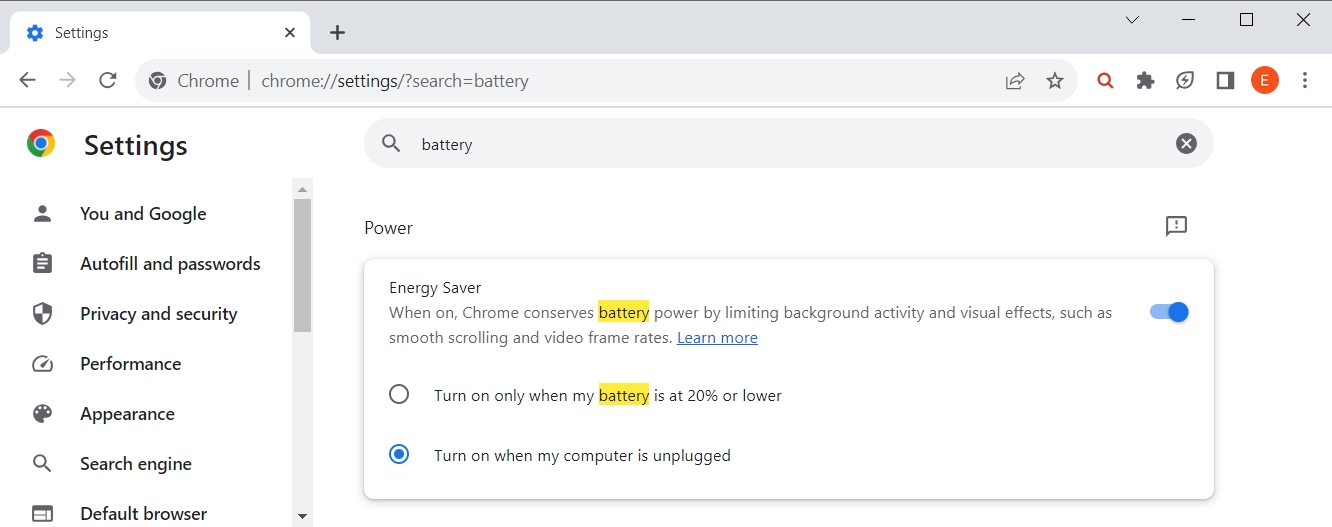 Google Chrome shows the Energy Saver setting