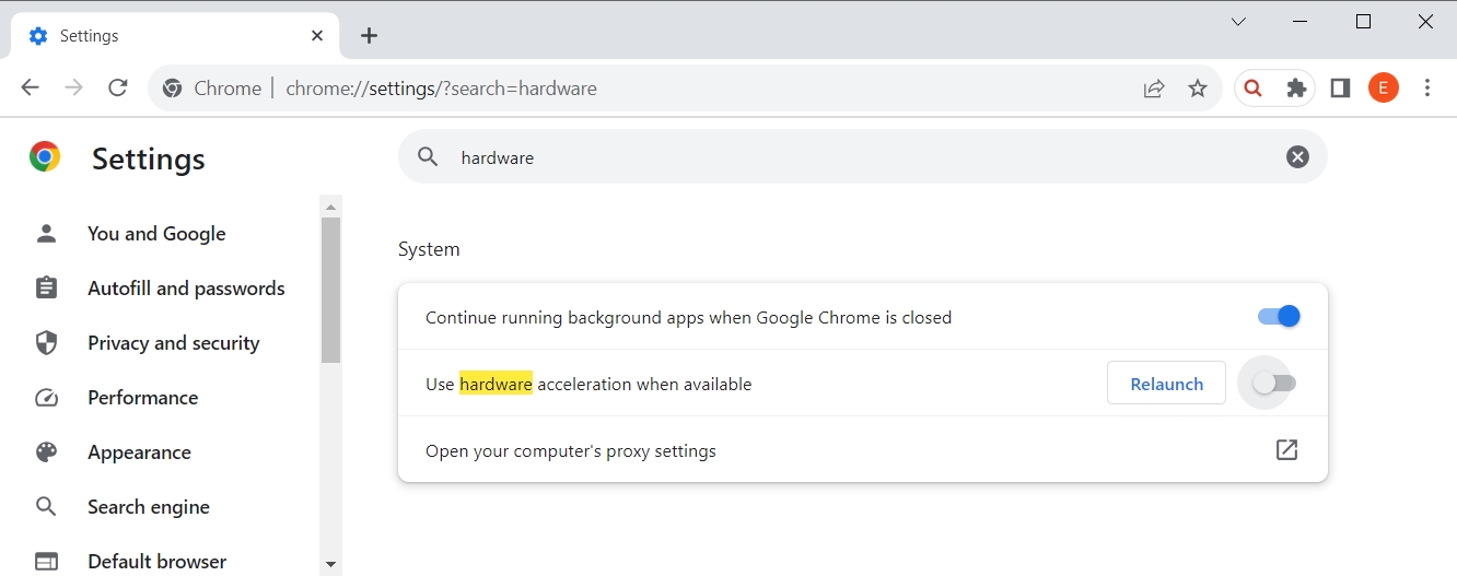 Google Chrome shows the hardware acceleration setting