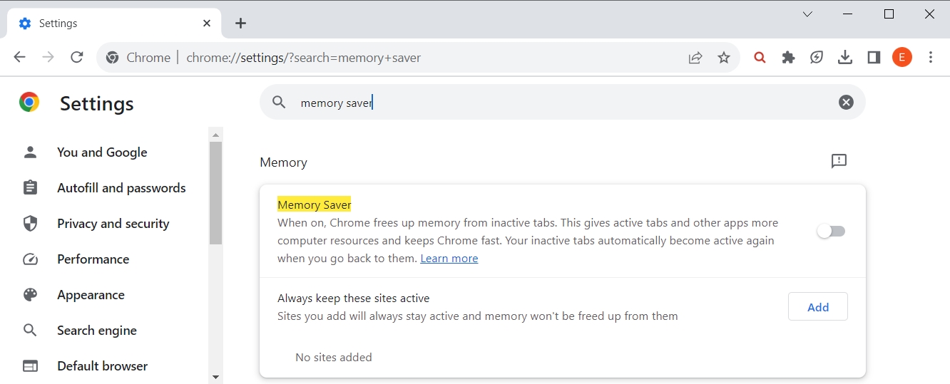 Google Chrome shows the memory saver option
