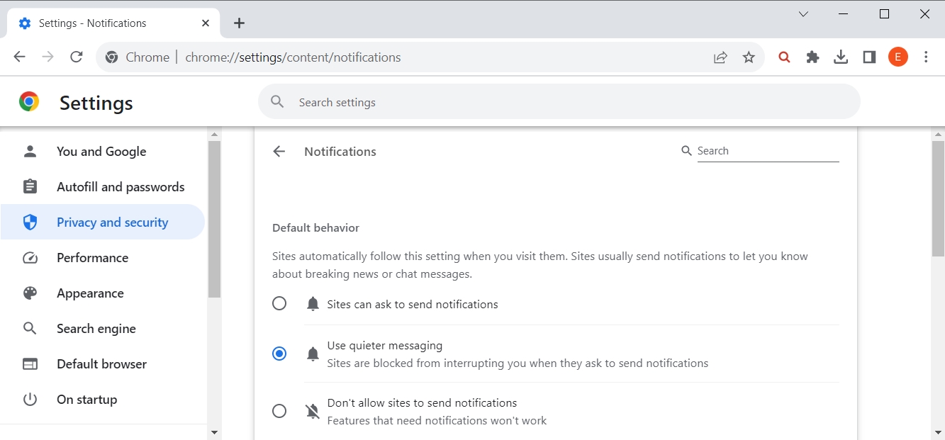 Google Chrome shows the Quieter Messaging setting