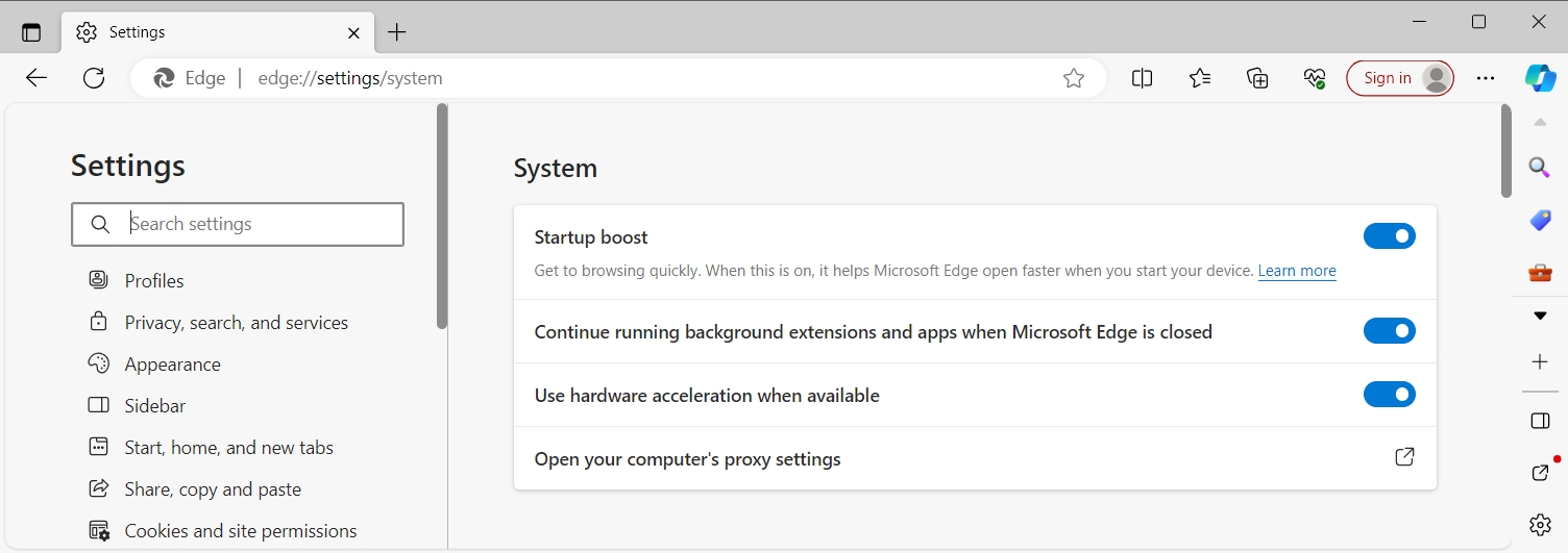 Microsoft Edge shows the hardware acceleration setting