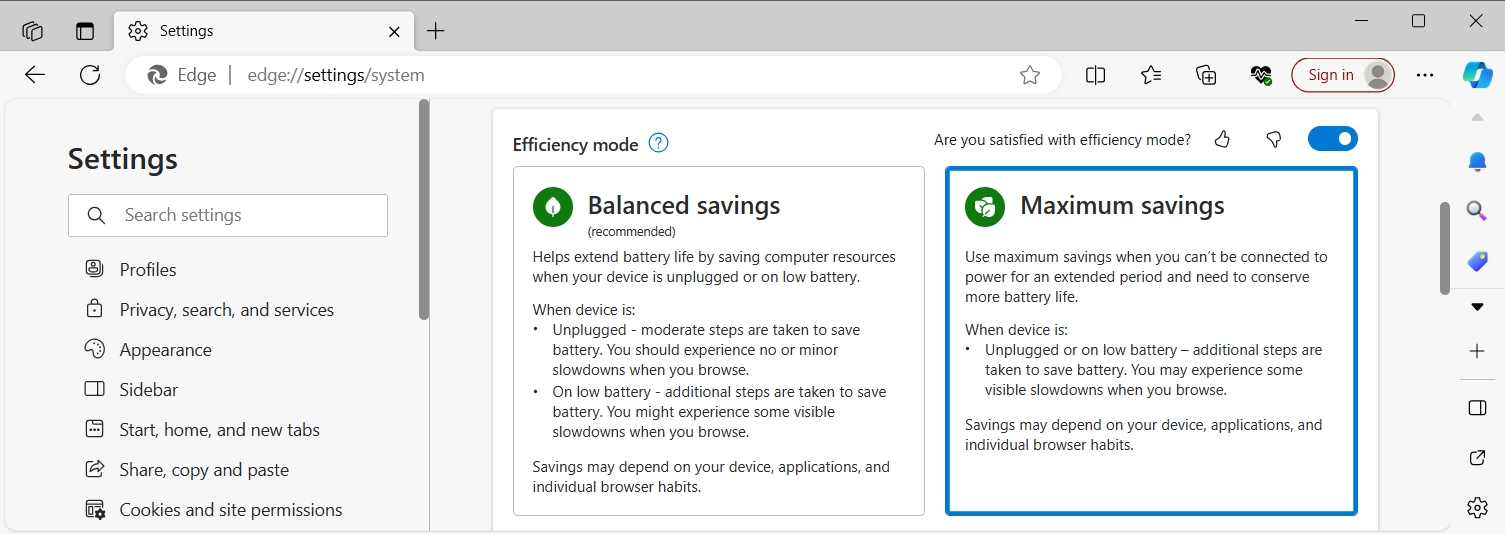 Microsoft Edge shows the Maximum Savings option