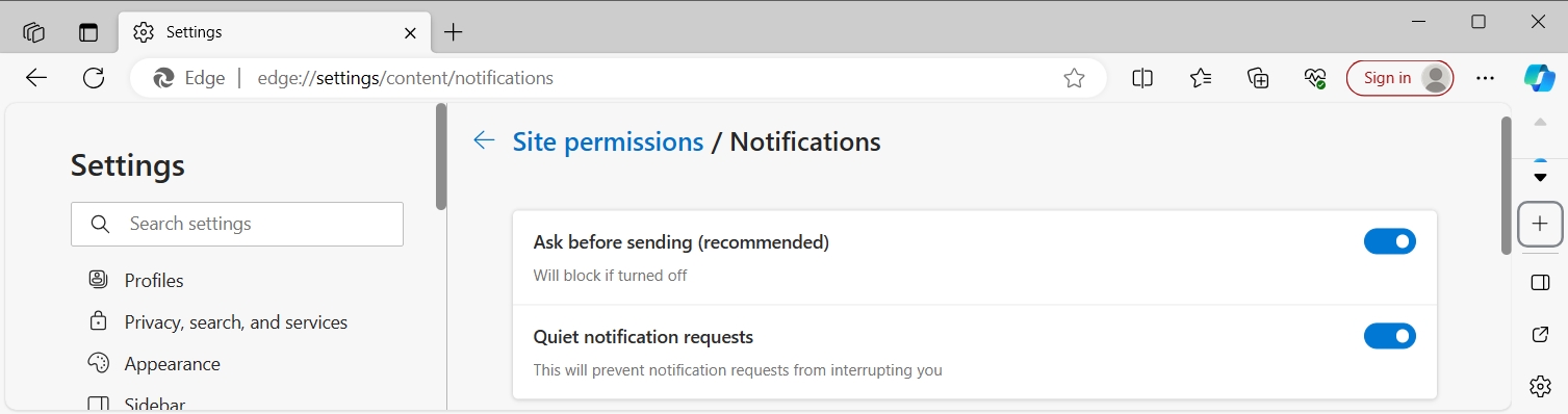 Microsoft Edge shows the notification settings