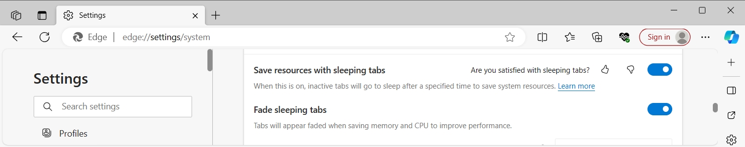 Microsoft Edge shows the Sleeping Tabs settings