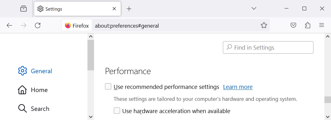 Mozilla Firefox shows the hardware acceleration setting