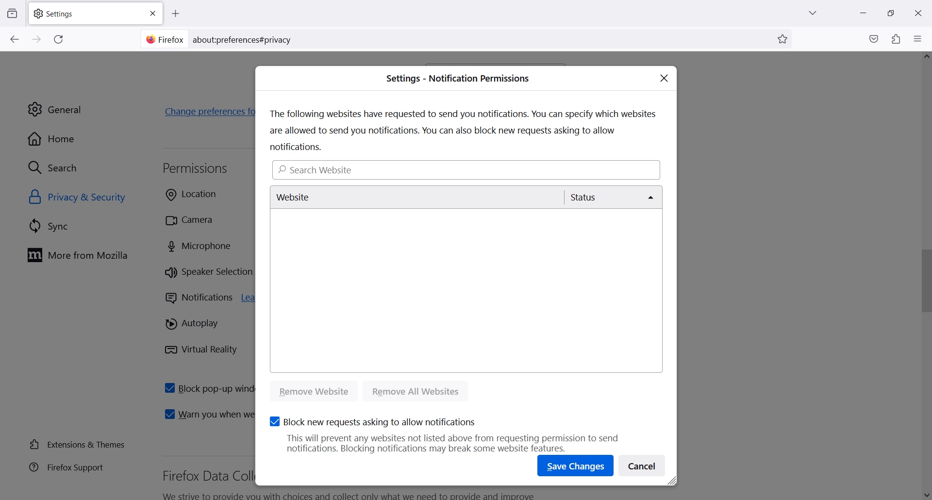 Mozilla Firefox shows the notification settings