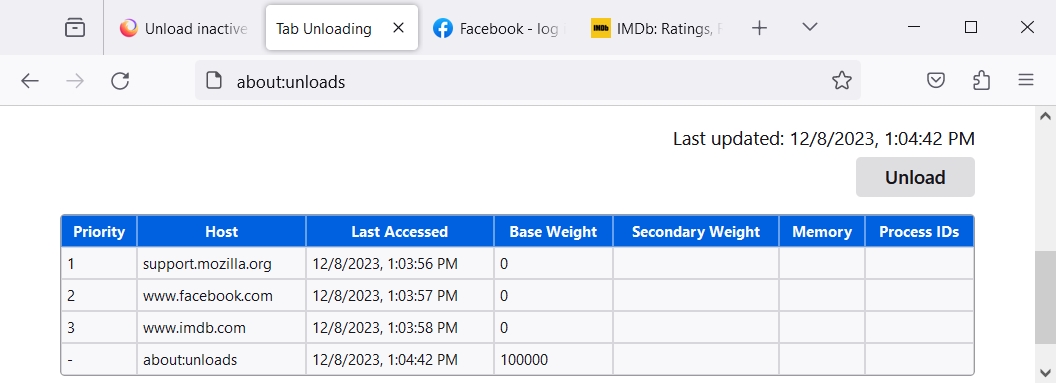 Mozilla Firefox shows the Tab Unloading option