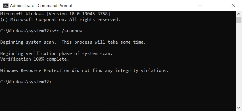Command Prompt shows the sfc scannow command
