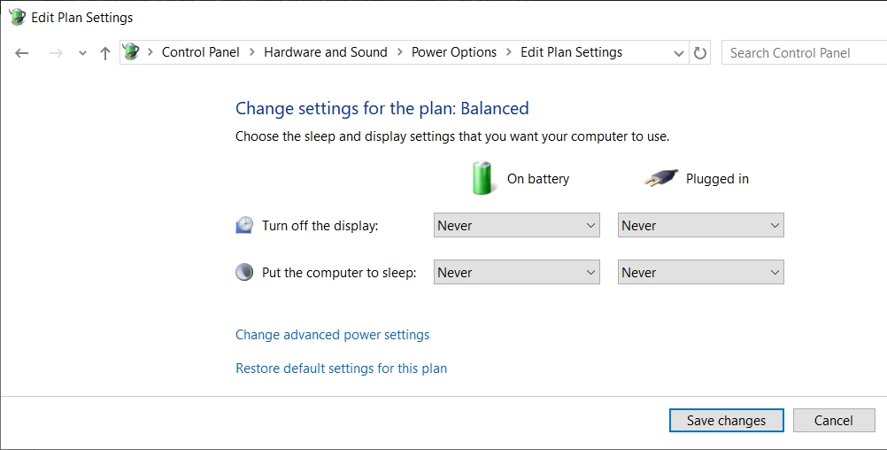 Windows shows power plan settings in Control Panel