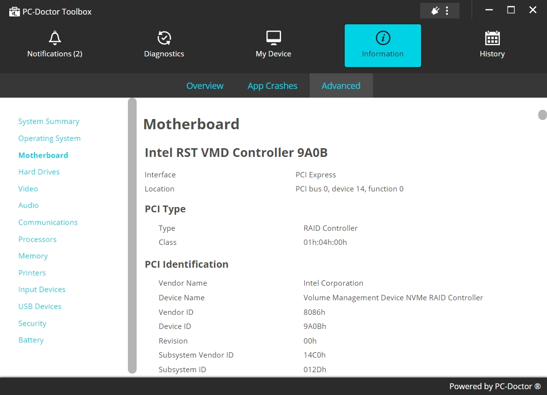 The Advanced section of PC Doctor Toolbox