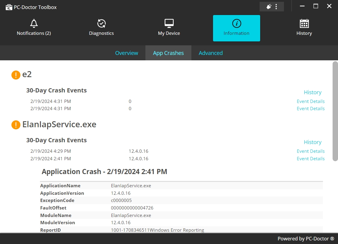 The App Crashes section of PC Doctor Toolbox