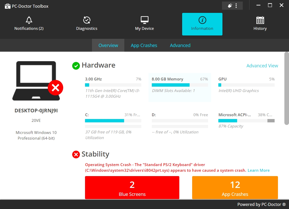 The Information Overview section of PC Doctor Toolbox
