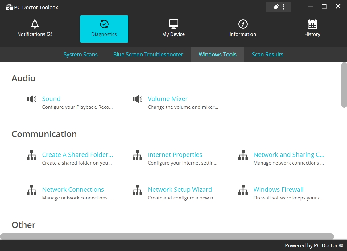 The Windows Tools section of PC Doctor Toolbox