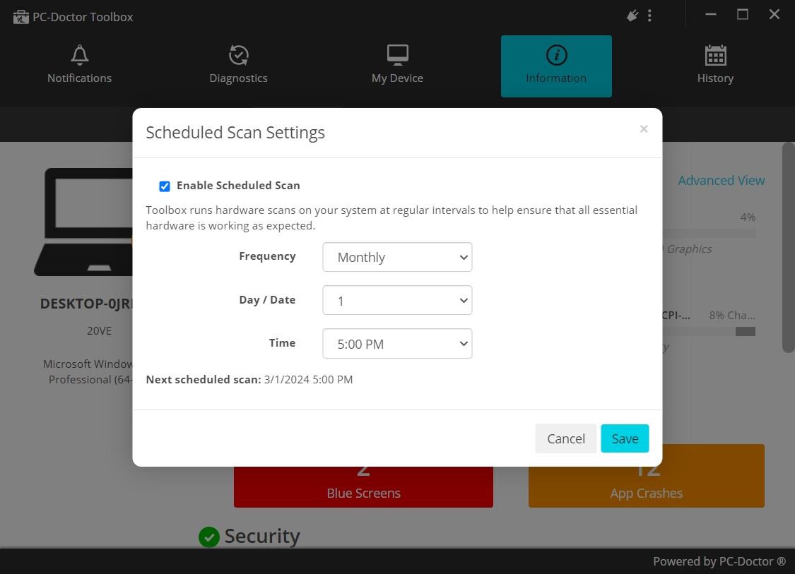 The scheduled scan settings of PC Doctor Toolbox