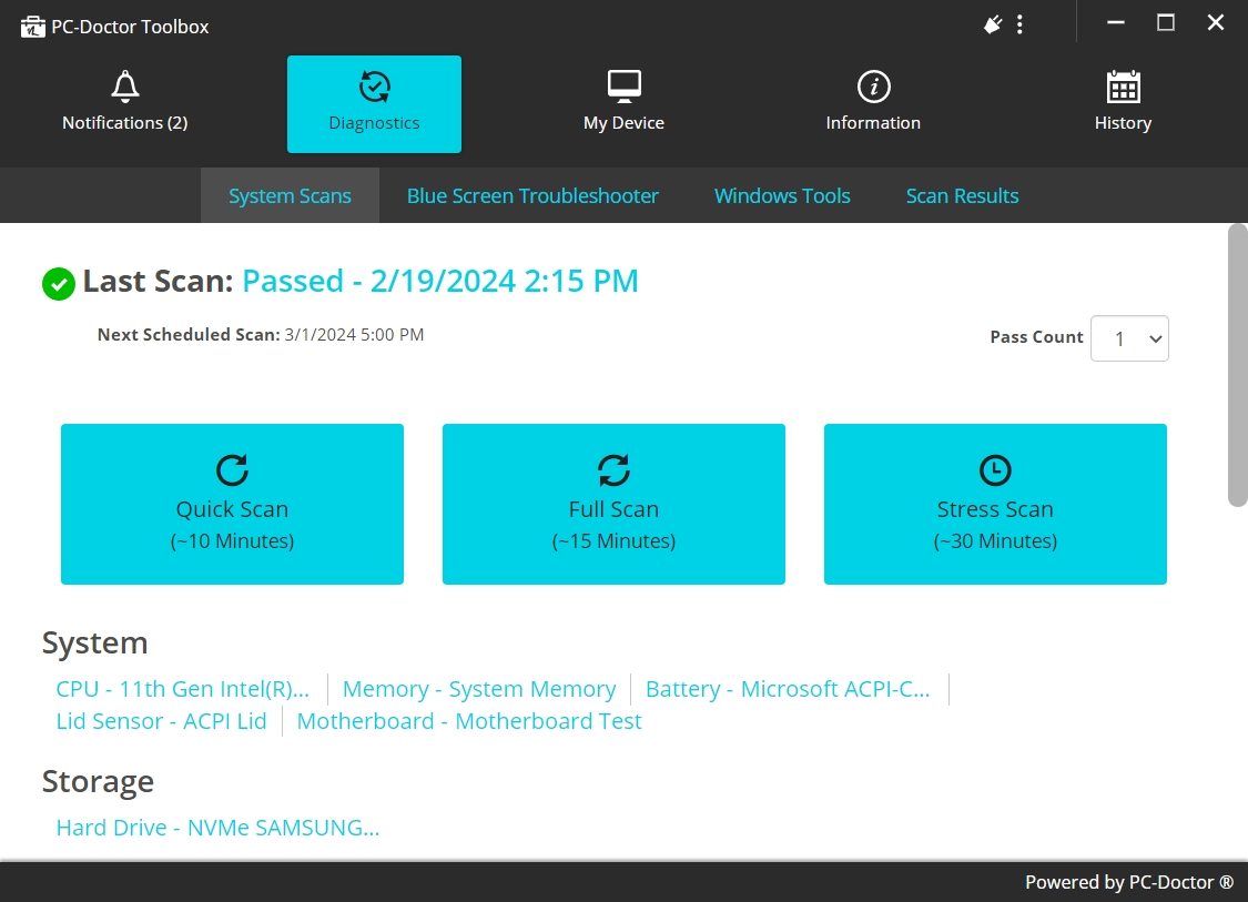 The System Scans section of PC Doctor Toolbox