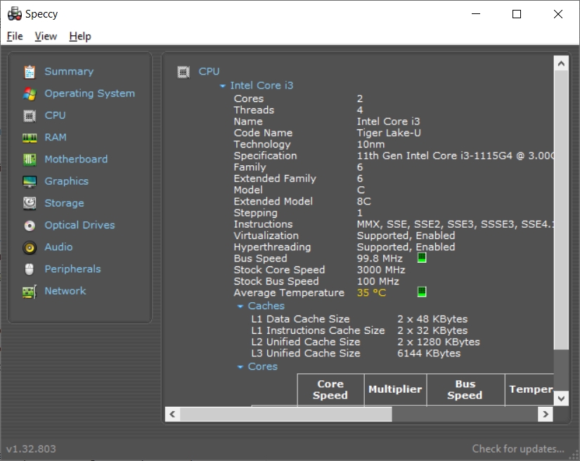 Speccy shows CPU information