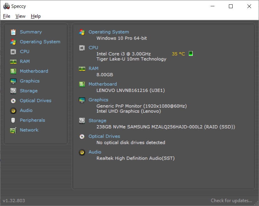 The interface of Speccy with the Summary tab