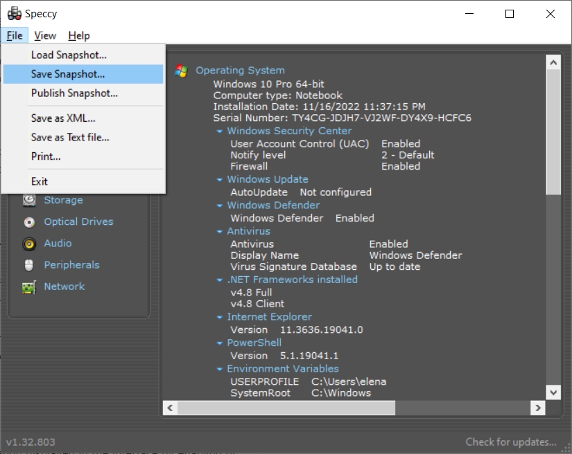 The File menu of Speccy highlights the Save Snapshot option