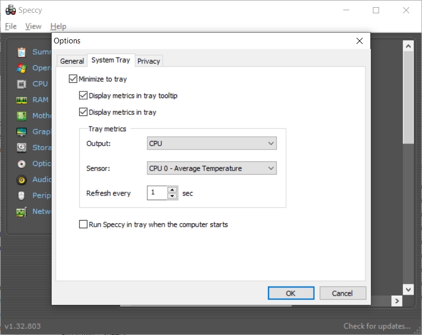 Speccy shows the metrics setting