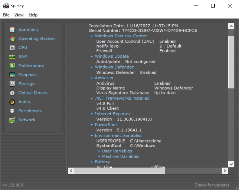 Speccy shows operating system info