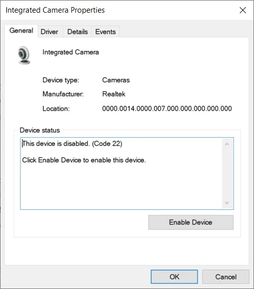 Device Manager shows error code 22
