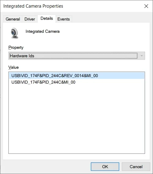 Device Manager shows hardware ids