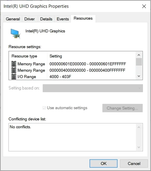 Device Manager shows the Resources tab