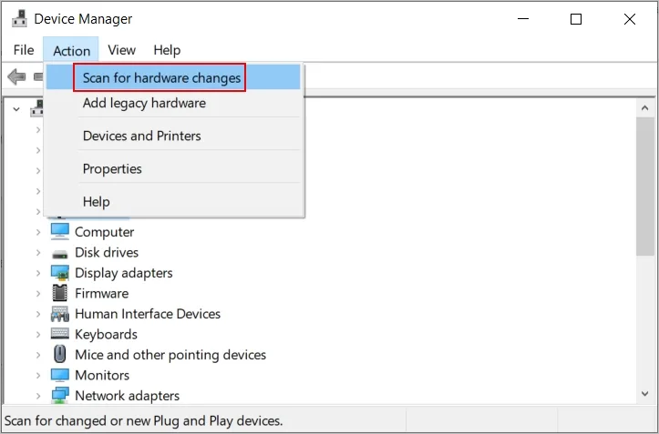 Device Manager shows how to scan for hardware changes
