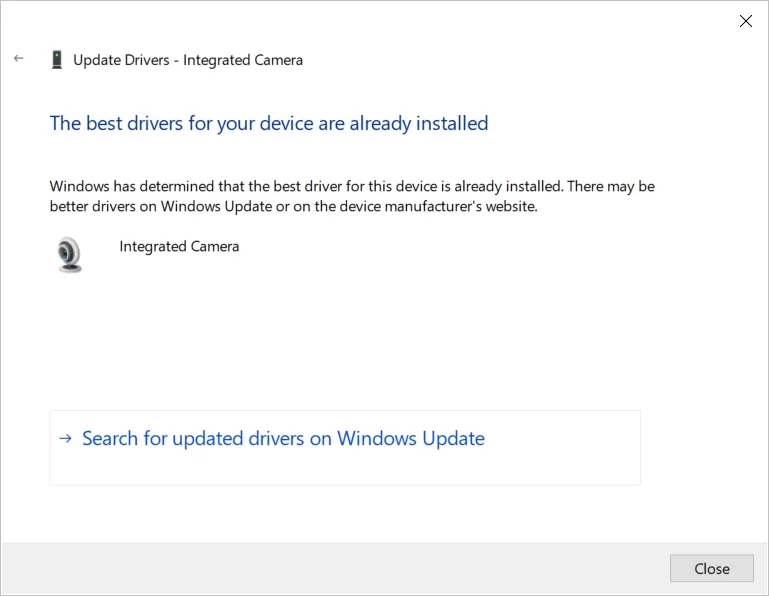 Device Manager shows how to search for updated drivers on Windows Update