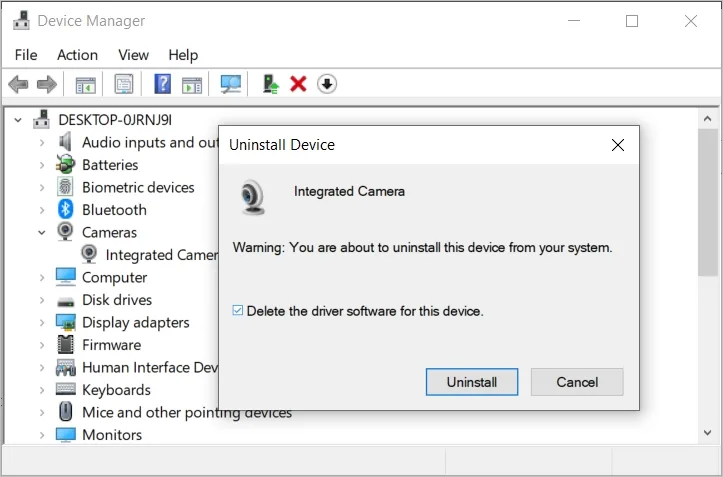 Device Manager shows how to uninstall a device